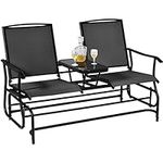 Giantex Patio Bench Glider Chair with Metal Frame, Center Tempered Glass Table, Outside Double Rocking Swing Loveseat for Porch, Garden, Poolside, Balcony, Lawn Rocker Outdoor Glider Bench (Black)