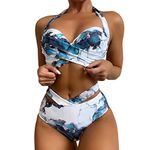 High Waisted Bikini Set UK, 2 Piece Swimming Costume for Women, Low Waisted Strappy Women's Sexy Halter Bikini Set Tie Sides Thong Triangle Brazilian Bikini St Patrick Day Gifts Holiday Blue