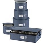 Hard Shell China Storage Containers 5-Piece Set Moving Boxes for Dinnerware, Glasses, Plates, Mugs and Saucers Sturdy Dish Organizer with Dividers for Seasonal Storage - Service for 12 - Denim Blue