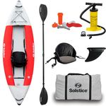 SOLSTICE Flare 1 Person Inflatable Fishing Kayak Boat for Adults & Kids 9'6'' X 35'' | Incl. Adjustible Bucket Seat, Bungee Storage, Skeg, Pump & Bag | Heavy Duty Dropstitch & PVC Material