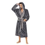 VULCANODON Mens Robe Big and Tall with Hood, Full Length Plush Robe for Men Long Fleece Bathrobe(Dark Grey/Light Grey, L/XL)