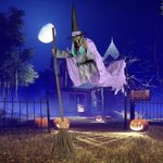 Halloween Flying Witch on Broom Decorations, 6 FT Animated Hovering Witch Animatronics Holding Sweeper Props with Scary Sounds and Lights, House Decor for Outside Indoor Garden Yard Lawn (Purple)