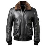 The Next Men Bomber Leather Jacket Lapel Fur Bomber B3 Pilot Coat Front Pockets Genuine Leather Jackets, Black - Genuine Leather, X-Large