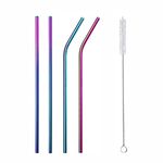 MORE BUY Reusable BPA-Free Metal, Thick, Long, Dishwasher Safe Stainless Steel Drinking Straws, 8.5 Inches (2 Straight + 2 Bent + 1 Brush (Set of 5 Rainbow)