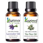 KAZIMA Combo of Lavender Oil and Tea Tree Oil - 100% Pure Essential Oil for Acne, Dandruff, Hair Growth, Body & Massage, 15 ml each