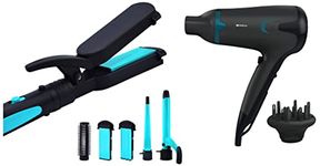 Havells HC4045 5 in 1 Hair Styler - Straightener, 19mm Curler, Crimper, Conical Curler & Volume Brush for Multiple Styles (Blue/Black) & HD3270 2-in-1 1700 Watts Hair Dryer