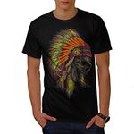 Wellcoda American Indian Skull Mens T-Shirt, Detailed Design Print Tee Black XL