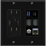 RiteAV USB 3 USB C 2 HDMI Coax Cat7 Wall Plate - USB Charger [Black/Black]