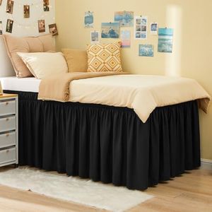 Dorm Bed Skirt Twin XL 32" Drop, College Dorm Room Essentials, Black | Solid ruffled, Wrap-around/elastic, Wrinkle & Fade resistant, with Adhesive Strips, Gift Packed, Machine Wash/Tumble Dry/Iron
