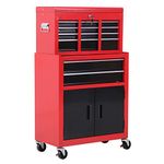 HOMCOM Tool Chest, Metal Tool Cabinet on Wheels with 6 Drawers, Pegboard, Top Chest and Roller Cabinet Combo, 61.6 x 33 x 108cm, Red