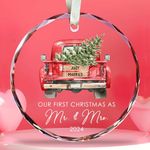 Wedding Gifts for Couples 2024 - Our First Christmas Just Married Ornament, Mr and Mrs Keepsake Gift Ideas, 1st Xmas Newlyweds Presents, Bridal Shower Bride Crystal Ornaments Drawstring Bags Gift Box