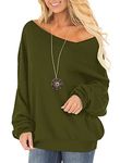 RANPHEE Womens Fall Fashion 2024 Army Green Long Sleeve Casual Pullover Sweatshirt Off One Shoulder Slouchy Baggy Sweater Ladies Clothing Trendy L