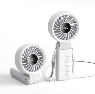 JISULIFE Handheld Fan Life7,2024 Powerful Portable Fan with LED Display[19.5Hrs Max Cooling] 3600mAh,5 Speeds,Lanyard; 3-in-1 Hand/Desk/Neck Fan,Travel Essentials Gifts for Women,Men(Light Grey)
