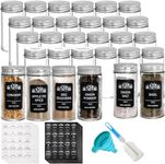 Tebery 30 Pack Round Spice Bottles Jars with Silver Lids, 3oz Empty Glass Spice Containers Shakers Complete Organizer Set Includes Shaker Lids, Wide Funnel, 360 Labels, White Maker and Cleaning Brush