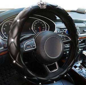 Diamond Black Leather Bling Steering Wheel Cover for Women Car Steering Wheel Protector Queen Rhinestones Anti-Slip Universal Fit 14 1/2-15 inch