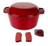 Pinnacle Cookware – 4.73 Litre / 5 Quart Enameled Red Cast Iron Double Dutch Oven/Casserole Dish, Dual Function Lid/Skillet, with Handle Covers and Scraper, 2 in 1 Cooking Set