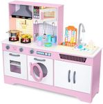 Lil' Jumbl Kids Wooden Pink Color Kitchen Set, Pretend Working Sink with Real Running Water, Includes Range Hood, Microwave & Stove Top That Make Realistic Sound & Light, Full Accessory Set Included