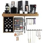 BELLE VOUS Wall-Mounted Jewellery Organiser with Wooden Display Shelf - Hanging Jewellery Holder with Ring Box, Earring/Stud Rack & Necklace/Bracelet Arm - Rotating Jewellery/Accessories Shelf