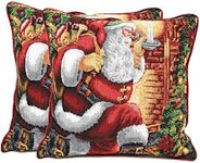 Tache Christmas Festive Winter Holiday Santa Down The Chimney Decorative Woven Tapestry Cushion Throw Pillow Cover Set, 2 Piece 16 x 16 Inches