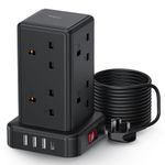 Tower Extension lead 5M, 13A Surge Protection Extension lead with Switch, 8 AC Outlets & 4 USB Ports Plug Extension Socket, Extension Cable 5M Mini Power Strip for Office, Home, Kitchen