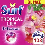 Surf 3 in 1 Tropical Lily Laundry Washing Detergent Capsules joy-infused fragrance with natural essential oils lasting up to 12 hours in wear for brilliantly clean results 108 washes (3x 36 capsules)