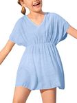 Fommykin Girls Swimwear Cover Ups Kids Beach Bathing Suit Coverups Cute Sweet Bikini Swimsuit Tunic Dress, 01 Sky Blue, 12-14 Years