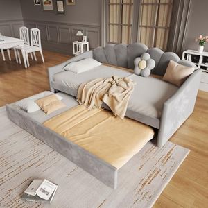 Jtyca Day Bed, Upholstered Single Sofa Bed with Trundle Bed, Velvet Sofa Bed with Pull Out Bed, Daybed for Adults & Teenagers, 3FT-90x190 CM, Grey, (No Mattress)