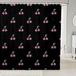 Feelyou Girls Cherry Bath Curtain Pink Glitter Fruit Shower Curtain Baby Girl Black Pink Kawaii Decor Bathroom Curtain Set Polyester Toddler Lovely Sweet Waterproof Shower Curtains 72"x72"