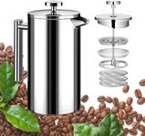 Small Stainless Steel French Press Coffee Maker 21oz(3 Cups), Double Wall Insulated for Hot& Cold Brew, Compact Coffee& Tea Press for Camping, Office, Travel with 3 Ultra-Fine Filters & Spoon- Silver