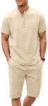 COOFANDY Men's 2 Piece Linen Set Short Sleeve Henley Shirts and Shorts Summer Yoga Beach Pants Set