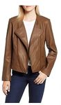 Cole Haan Women's Fully Lined Wing Collar Leather Coat, Chestnut, XS