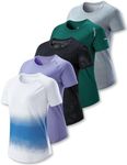 5 Pack: Women's Dry Fit Short Sleeve T Shirts, Athletic Workout Tee Tops for Gym Yoga Running, Camo/Gray/Lilac/Gradient/Dark Teal, XX-Large