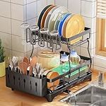 HERJOY Dish Drying Rack, Detachable 2 Tier Dish Rack and Drainboard Set, Large Capacity Dish Drainer Organizer Shelf with Utensil Holder, Cup Rack for Kitchen Counter, Black