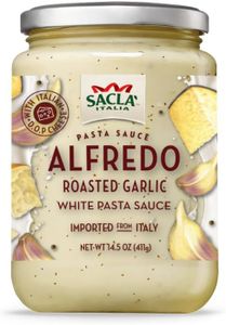SACLA Alfredo Sauce with Roasted Garlic | Creamy Italian White Pasta Sauce with Cheese, Butter & Slow-Roasted Garlic | 14.5 oz Glass Jar | Imported from Italy | Non-GMO, Ready-To-Serve