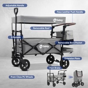 Sekey Kids Folding Wagon with Canopy – Shockproof Wheels, 100kg Capacity, Grey