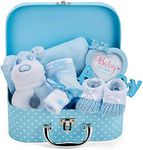 Baby Box Shop Newborn Baby Boy Gifts - Includes 7 Newborn Boy Essentials for Newborn Baby Boy, Ideal Baby Shower Gifts for Boys and Christenings - Baby Boy Gifts Basket with Blue Photo Frame