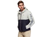 Tommy Hilfiger Men's Lightweight Active Water Resistant Hooded Rain Jacket, Ice/Navy Colorblock, M