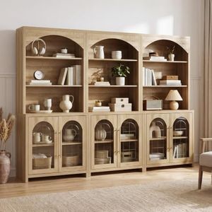 JINVICJIASI 70" Tall Arched Bookcases with Glass Doors, Set of 3, Natural