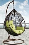 Hindoro Rattan Wicker Wrought Iron Single Seater Swing Chair with Stand & Cushion & Hook Outdoor || Indoor || Balcony || Garden || Patio || Living Outdoor Furniture (Dark Brown with Green, Egg Shape)