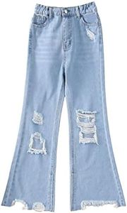 WDIRARA Girl's High Waisted Ripped Raw Hem Flare Bell Bottom Jeans Denim Pants Light Wash 10Y