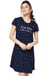 ZEYO Women's Cotton Night Dress Star Printed Navy Blue Knee Length Night Gown 5316