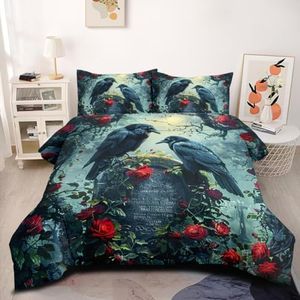 CCoutueChen Halloween Black Crow Comforter Set King Size Gothic Red Rose Skull Bedding Set Holiday Decor Comforters Aesthetic Forest Roses Flower Bird Bed Set Soft Down Comforter Sets for All Season