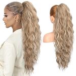 REECHO Ponytail Extension, 26" Long Beach Wave Drawstring Pony Hair Extension Synthetic Pony Tail Hairpiece for Women - Dark Blonde with Highlights