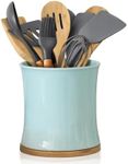 Comfify Large Ceramic Kitchen Utensil Holder with Bamboo Base - Modern Utensil Crock for Countertop Organization - Kitchen Counter Organizer for Cooking Tools, Spatulas, Spoons & More - Blue Ceramic