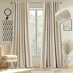 MIULEE 100% Blackout Linen Curtains 84 inches Long 2 Panels Back Tab Bedroom Drapes Living Room Black Out Window Treatments Thermal Insulated Room Darkening Rod Pocket, Natural Cream Beige