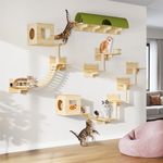 DWVO Cat Wall Shelves and Perches for Wall, Pine Wooden Wall Mounted Cat Furniture, Set of 18 Cat Climbing Shelves with Cat Bed, Wall House, Wall Steps, Bridge Ladder, Scratching Post and Cat Tunnel