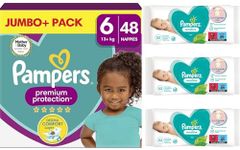 Pampers Premium Protection Size 6, 48 Nappies, Pampers Comfort & Protection for Sensitive Skin + 3 Packs of Pampers Sensitive Baby Wipes – Weekly Savings