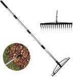 Garden Metal Rake for Leaves 62 Inch, Leaf Bow Rake Heavy Duty for Gardening Rock Rake 16 Steel Tines Landscape Dethatcher Rake with Stainless Steel Handle for Lawns Yard Loose Soil Leveling Mulch