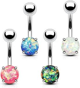 FIFTH CUE 14G Opal Glitter Prong Set 316L Surgical Steel Belly Button Ring (synthetic opal) (4pc Combo Set)