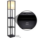 Brightech Maxwell Shelf Floor Lamp with Wireless Charging Station, USB Port and Socket, Offices and Living Rooms - Modern Narrow Bedside and Tower Light - Black